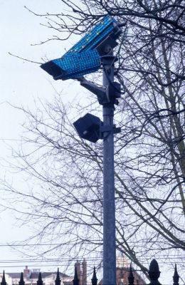 System Azure Security Ornamentation, Performances at Amsterdam Police Headquarters, rhinestone covered surveillance cameras ©&nbsp;Jill Magid (2002)
